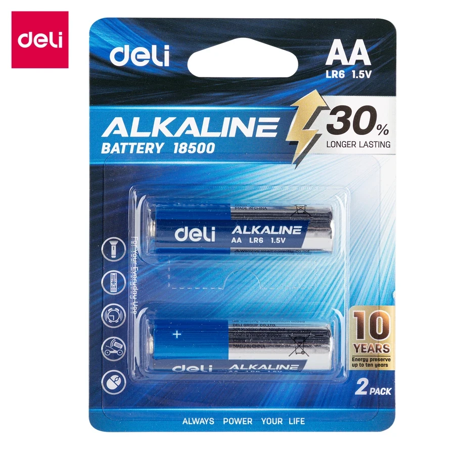Deli AA LR6 1.5V Long-Lasting Alkaline Battery (2-Pack) | 10-Year Shelf Life & Anti-Leak Power for Remote Controls, Clocks & Toys | E18500