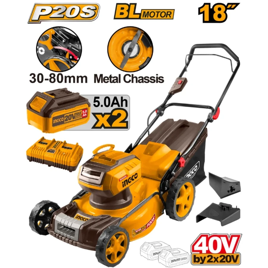 Professional Brushless Cordless Lawn Mower | 40V (20V+20V) 460mm 3-in-1 System with 2x 5.0Ah Batteries & Dual Charger | LMLI20186