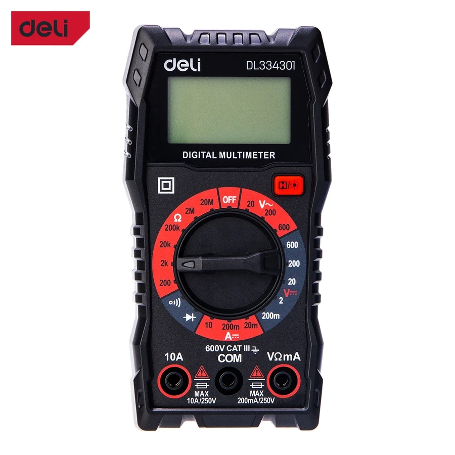 Deli Digital Multimeter CAT III 600V Manual Ranging 3 1/2 Digit Display for AC/DC Voltage, DC Current & Resistance with LCD Backlight (Red) | EDL334301