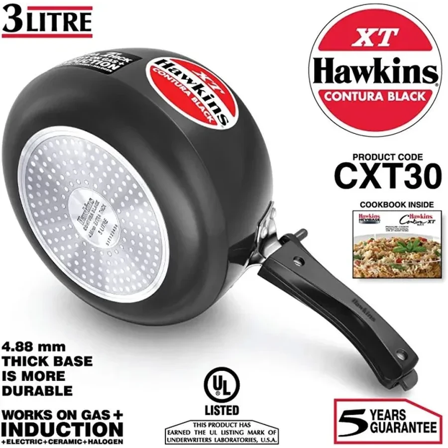 Hawkins CXT30 3L Contura Black XT Pressure Cooker | Hard Anodised Extra-Thick Body | Induction Base | Stainless Steel Lid | Black