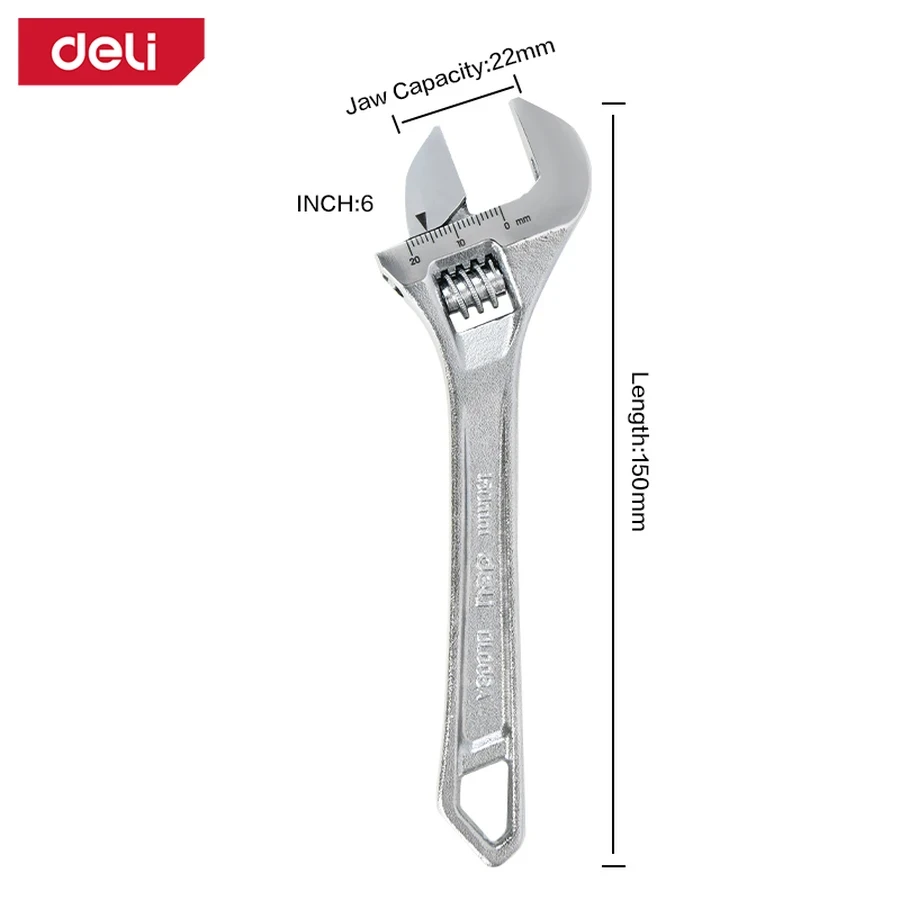 Deli 6" (150mm) Professional Adjustable Spanner Wrench | Drop-Forged Carbon Steel with Laser-Etched Metric Scale & Chrome Plating (Silver) | EDL006A