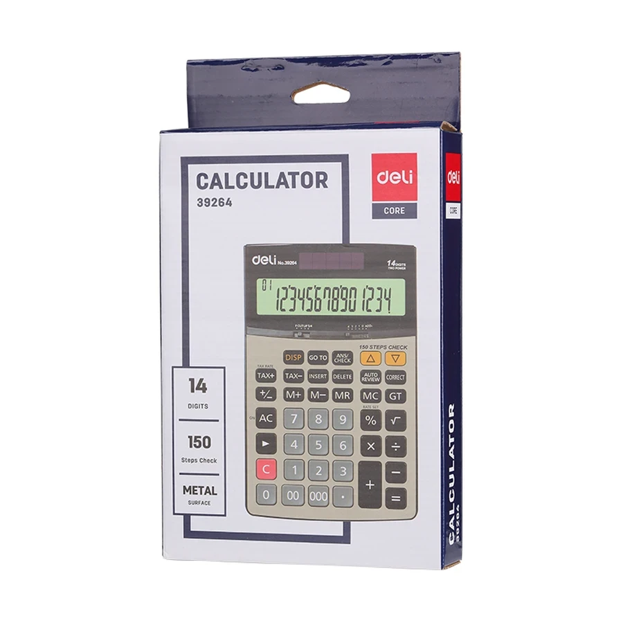 Deli 14-Digit Professional Desktop Calculator | 150 Steps Check & Correct, Dual Power, Black and Silver Finish | E39264