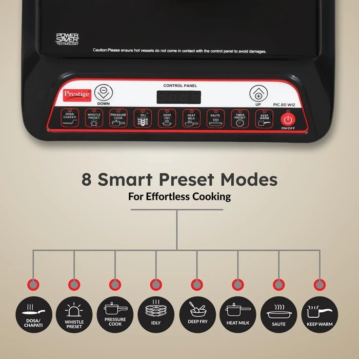 Prestige PIC 20.0 1600W Induction Cooktop with Automatic Whistle Counter & Keep Warm Function | Feather Touch Glass Top Stove - Model 41998