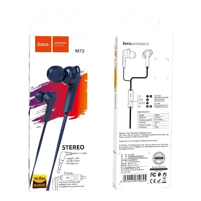 HOCO ADMIRE Universal Wired Earphone with Mic | 10mm Driver | Black, Blue, White Finish | M72