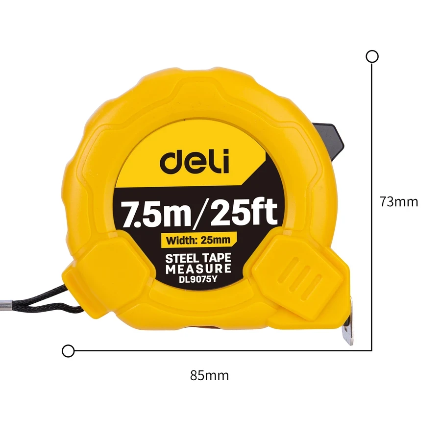 Deli 8m / 26ft x 25mm Professional Steel Measuring Tape | Heavy-Duty Anti-Glare Matte Blade with Mn-Steel Recoil Spring & Zero-Point Hook | EDL9075Y