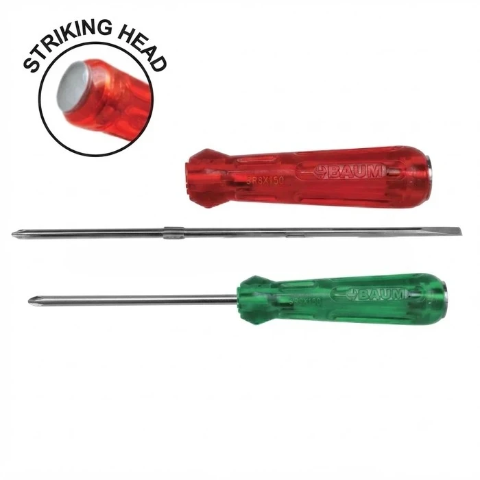 BAUM Heavy-Duty Reversible 2-in-1 Striking Head Screwdriver | Chrome Vanadium Steel Blade with Red Acetate Handle & Magnetic Tips | Model ART 317A (6mm Shank, Sizes 100mm to 250mm)