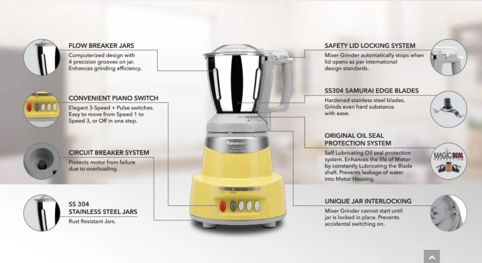 Panasonic 600W Elements Mixer Grinder with 3 Stainless Steel Jars | Heavy Duty Motor with Locking System - Topaz Yellow - MX-AV325