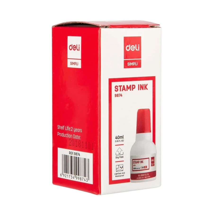 Deli Fast Dry Stamp Pad Refill Ink (40 ml, Red) | High-Quality Quick-Drying Stamping Ink in Poly Bottle | E9874