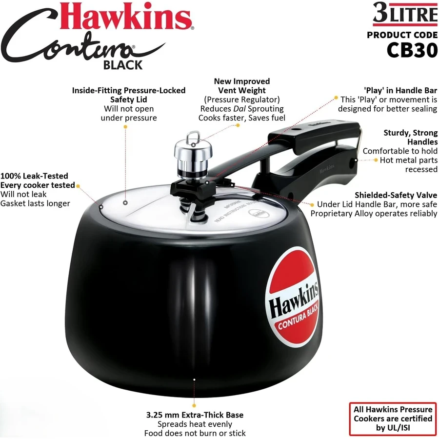 Hawkins Contura Black Pressure Cooker | Hard Anodised Body | Stainless Steel Lid | Rapid Heating Black Base | 1.5L to 5L