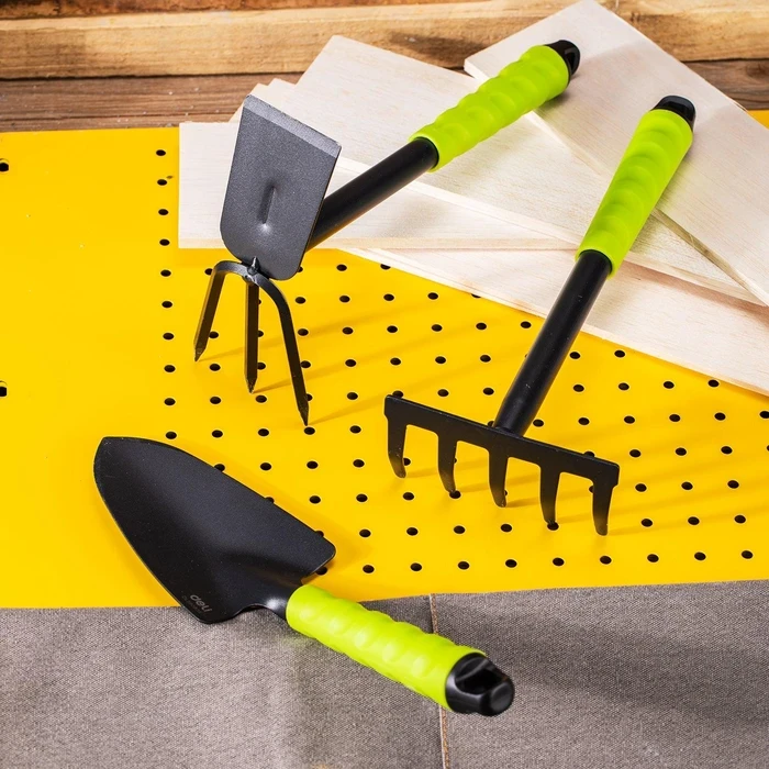 Deli 3-Piece Professional Gardening Tool Set | Heat-Treated Carbon Steel Hoe, Wide Shovel Spade & 3-Prong Rake Kit with 310mm Ergonomic Comfort Handles | EDL580803
