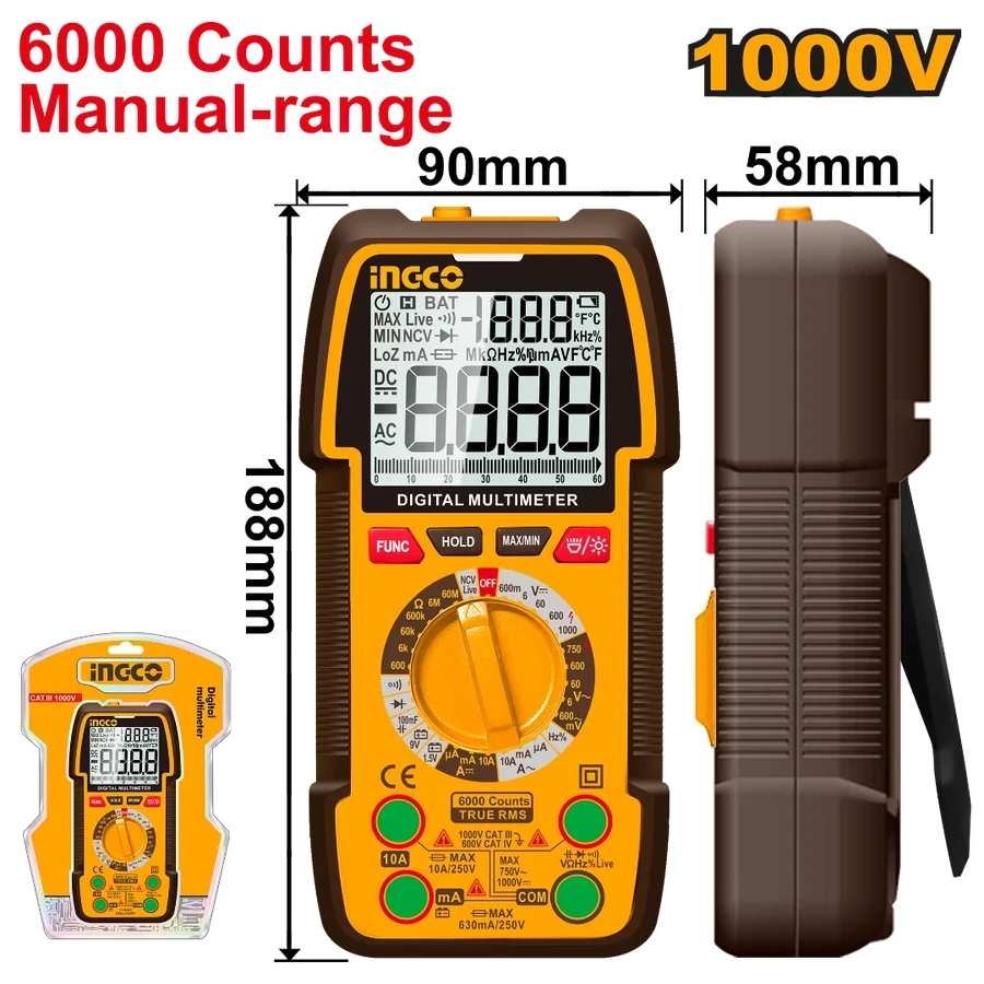 INGCO True RMS 6000-Count Industrial Digital Multimeter | NCV Sensor, Temperature Probe & Backlit Display | DM310002