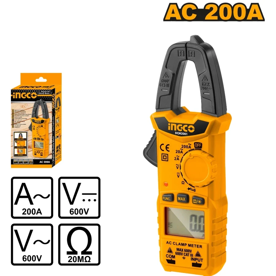 INGCO Digital AC Clamp Meter (2000 Counts) | Multi-Function AC Current, AC/DC Voltage & Continuity Tester | DCM2001