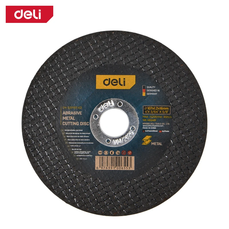 Deli 107x1.2x16mm (4") Ultra-Thin Abrasive Metal Cutting Disc | 15,200 RPM Double Fiber Mesh Cut-Off Wheel for Steel, Inox & Rebar (Black) | EDH-SZP107-E2