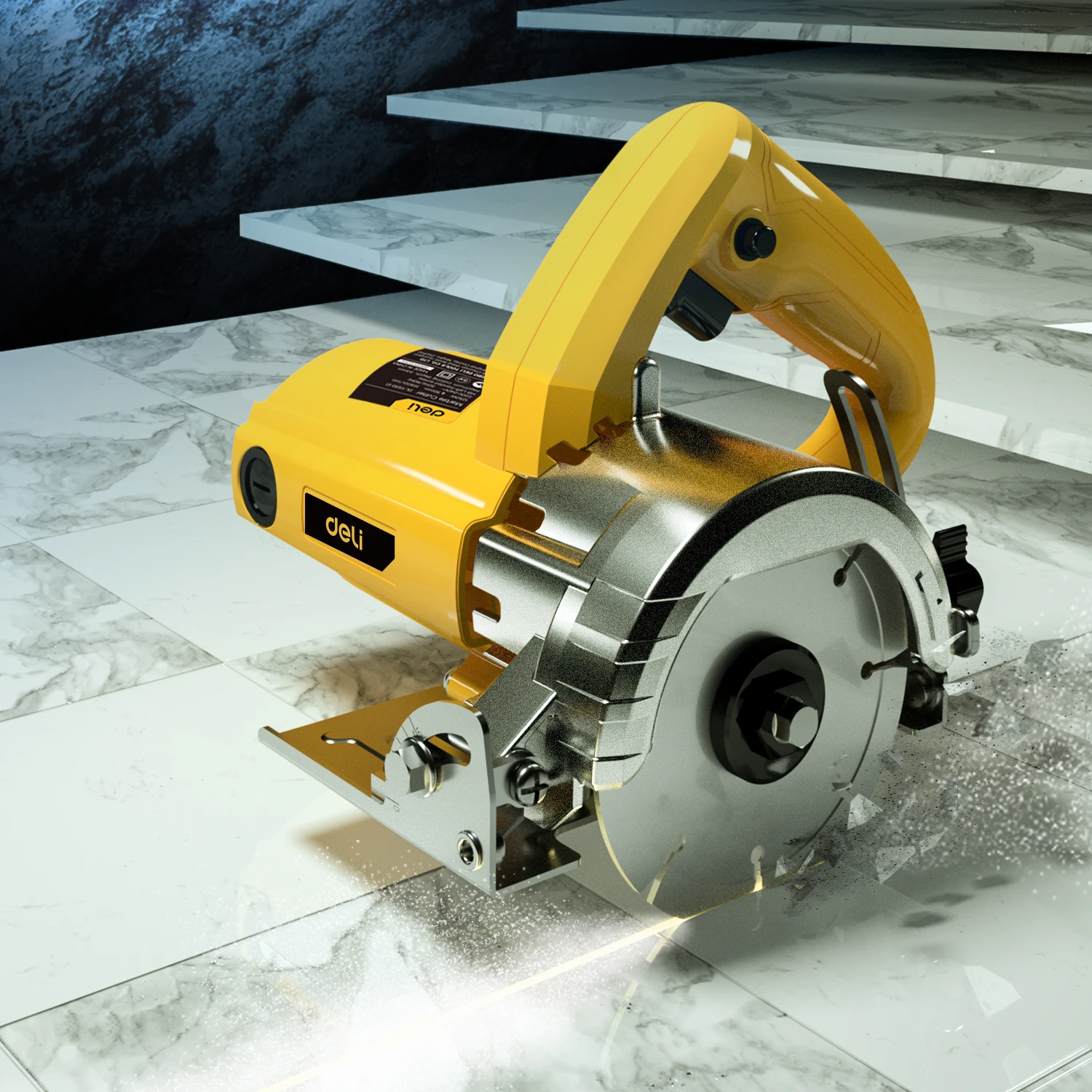 Deli 1250W 110mm Professional Marble Cutter (13,500 RPM) | Heavy-Duty 0–45° Bevel Stone & Tile Cutting Machine with 33mm Max Depth (Yellow) | EDL-YS110-E1