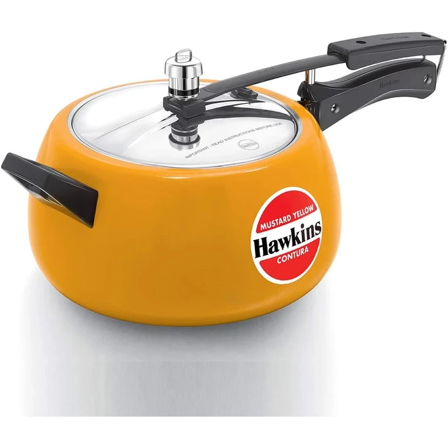 Hawkins CMY50 5L Contura Pressure Cooker | German Ceramic Coating | Rapid Heating Black Base | Mustard Yellow | Stainless Steel Lid