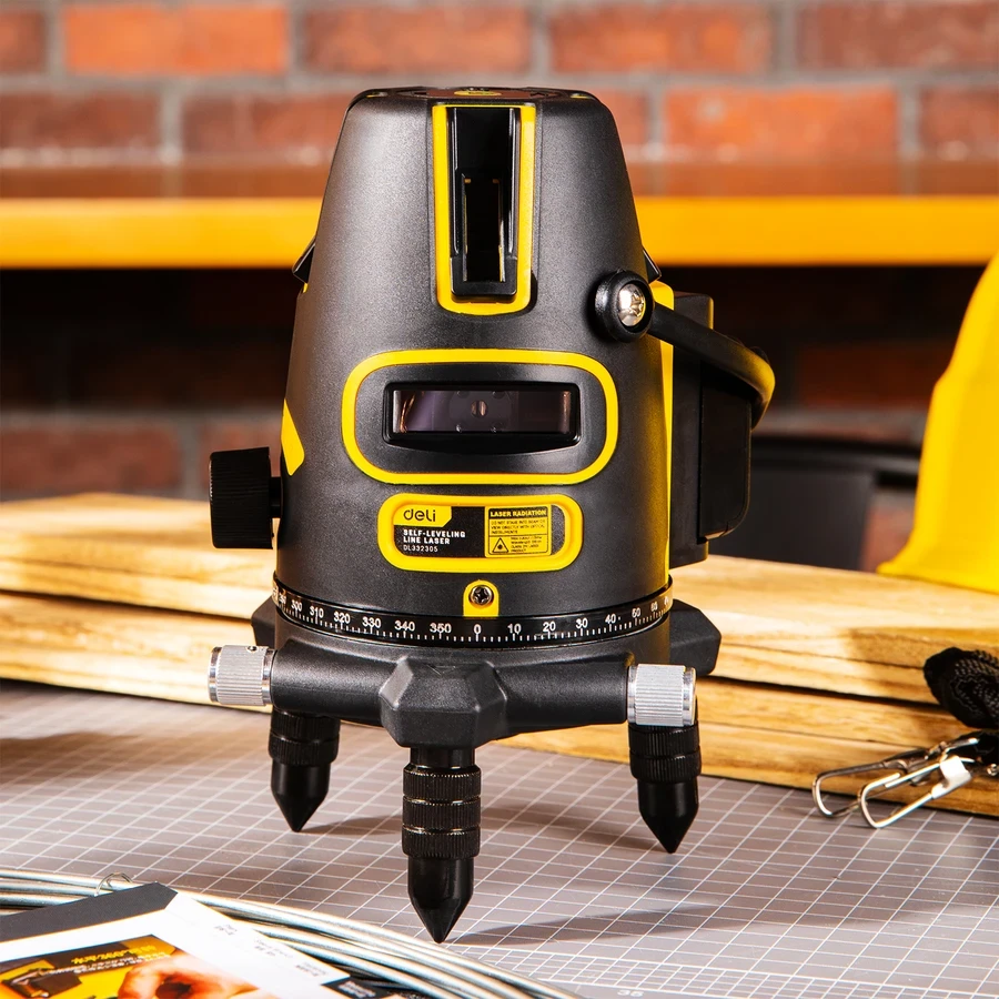 Deli 5-Line LD Green Beam Self-Leveling Laser Level | High-Visibility Outdoor Line Laser with 360° Rotary Base, ±3° Auto-Alarm & Plastic Case | EDL332305