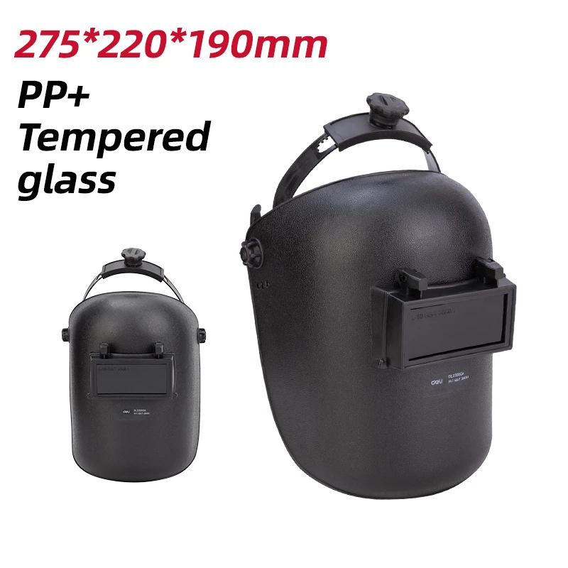 Deli Professional Helmet Type Head-Wearing Welding Mask | High-Strength PP Shell with Flip-Front Tempered Glass Lens & Adjustable Ratchet Headgear (Black) | EDL23950A