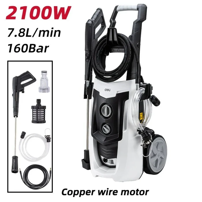 Deli 2100W Professional 160 Bar High Pressure Washer | Heavy-Duty Copper Coil Pump Jet Cleaner with 7.8L/min Flow, Auto-Stop Function & 8M Hose | EDL882104