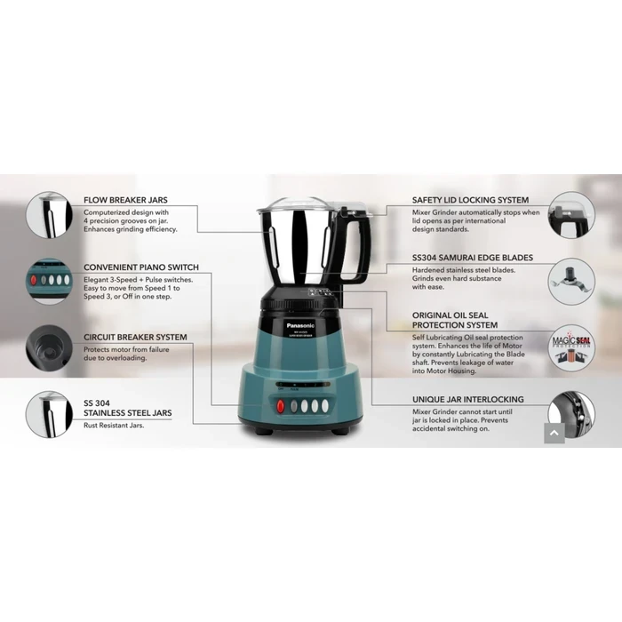 Panasonic 550W / 600W Elements Mixer Grinder with 3 Stainless Steel Jars | Mechanical Locking System High Torque Motor | Wet Dry Blending Chutney Grinding Coral Blue, Marble Silver, Marble Gold | MX-A