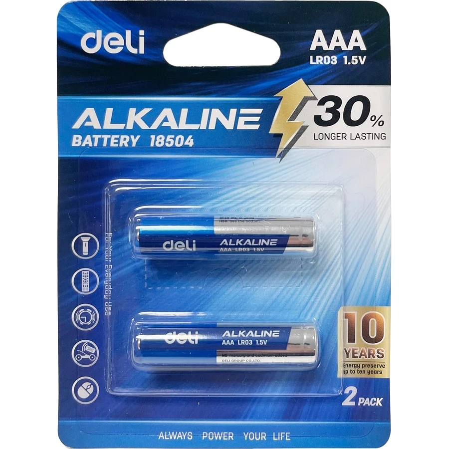 Deli AAA LR03 1.5V High-Energy Alkaline Battery (2-Pack) | Long-Lasting Anti-Leak Power for Calculators, Toys & High-Drain Devices | E18504