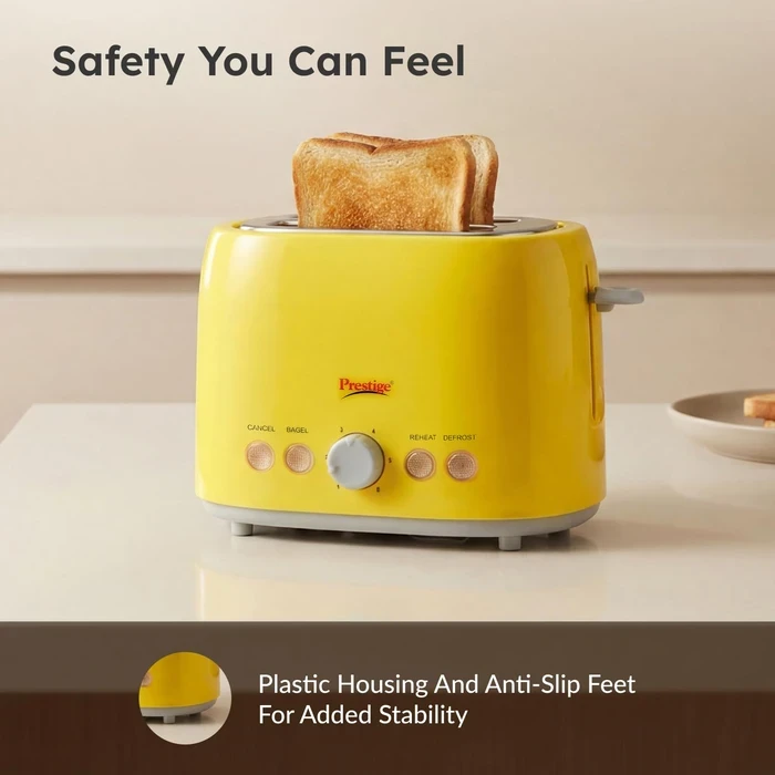 Prestige PPTPKY 850W 2-Slice Pop-Up Toaster with 6 Browning Levels & Defrost/Reheat Functions | Cool-Touch Yellow Body - Model 41703