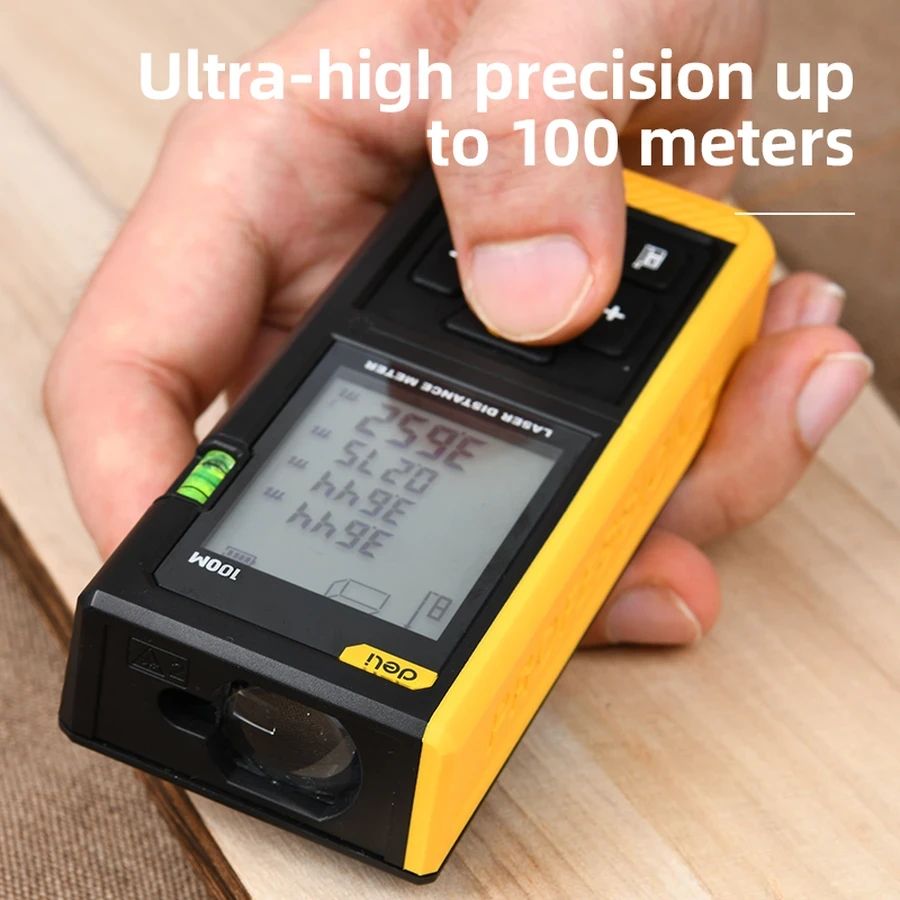 Deli 100M Professional Handheld Laser Distance Meter | Millimeter-Accuracy Rangefinder with 1.7" Screen, Dual Laser Projection & 30-Group Data Storage | EDL4170 Yellow