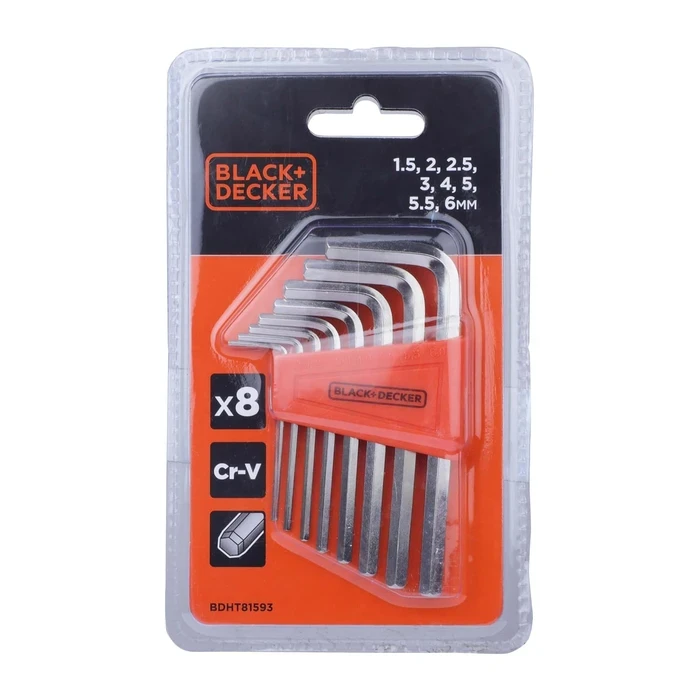 BLACK+DECKER 8-Piece Metric Alloy Steel L-Shaped Hex Key Set (1.5mm - 6mm) | Polished High-Torque Allen Key Ring with Organizer | BDHT81593