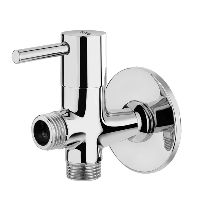 TOYO-EC-51705 Premium 2-Way Angle Valve | Solid Brass Dual-Outlet Concealed Stop Cock with Single Handle Control and Matching Wall Flange