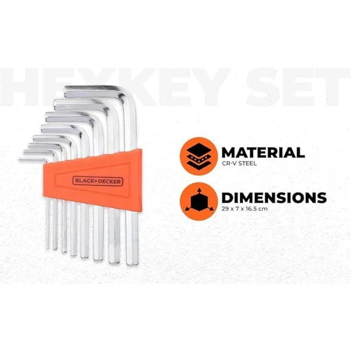 BLACK+DECKER 8-Piece Metric Alloy Steel L-Shaped Hex Key Set (1.5mm - 6mm) | Polished High-Torque Allen Key Ring with Organizer | BDHT81593