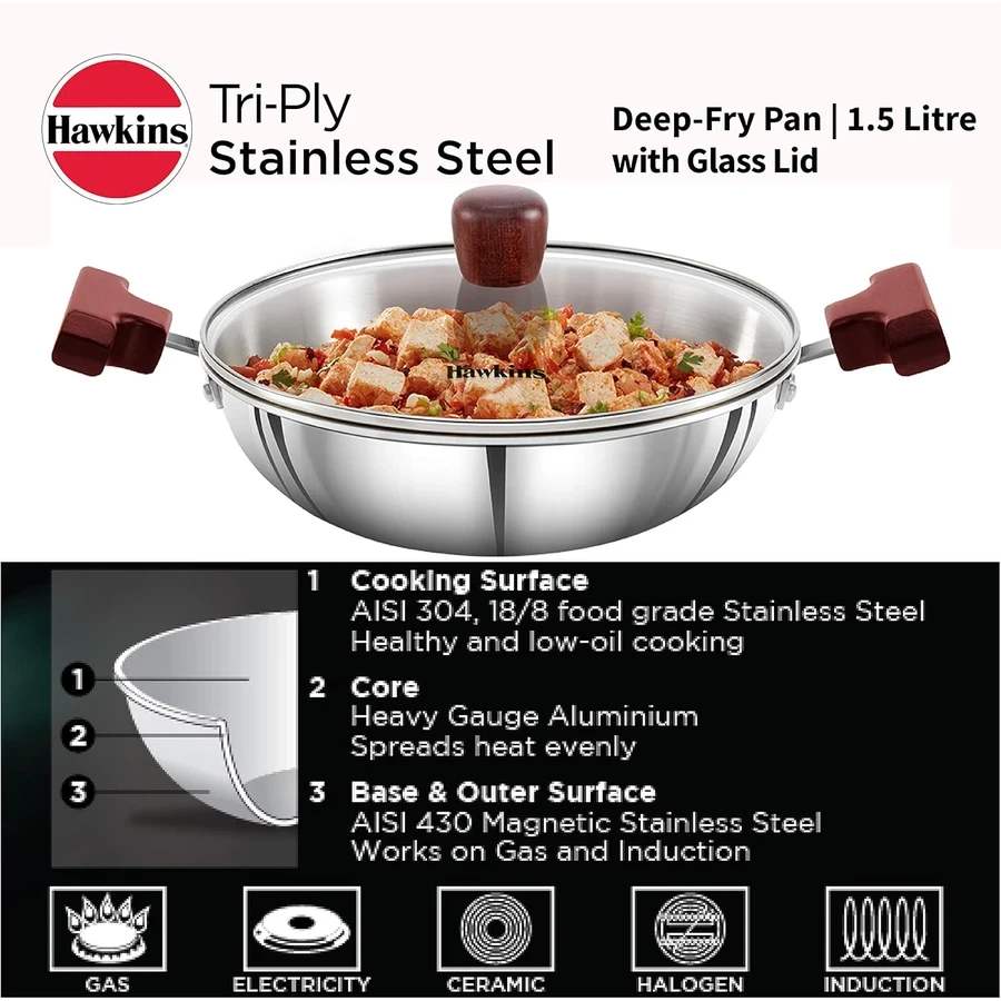 Hawkins SSD15G 1.5L Tri-Ply Stainless Steel Deep Fry Pan (Kadhai) with Glass Lid | Induction & Gas Compatible | Silver
