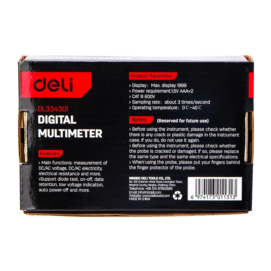 Deli Digital Multimeter CAT III 600V Manual Ranging 3 1/2 Digit Display for AC/DC Voltage, DC Current & Resistance with LCD Backlight (Red) | EDL334301
