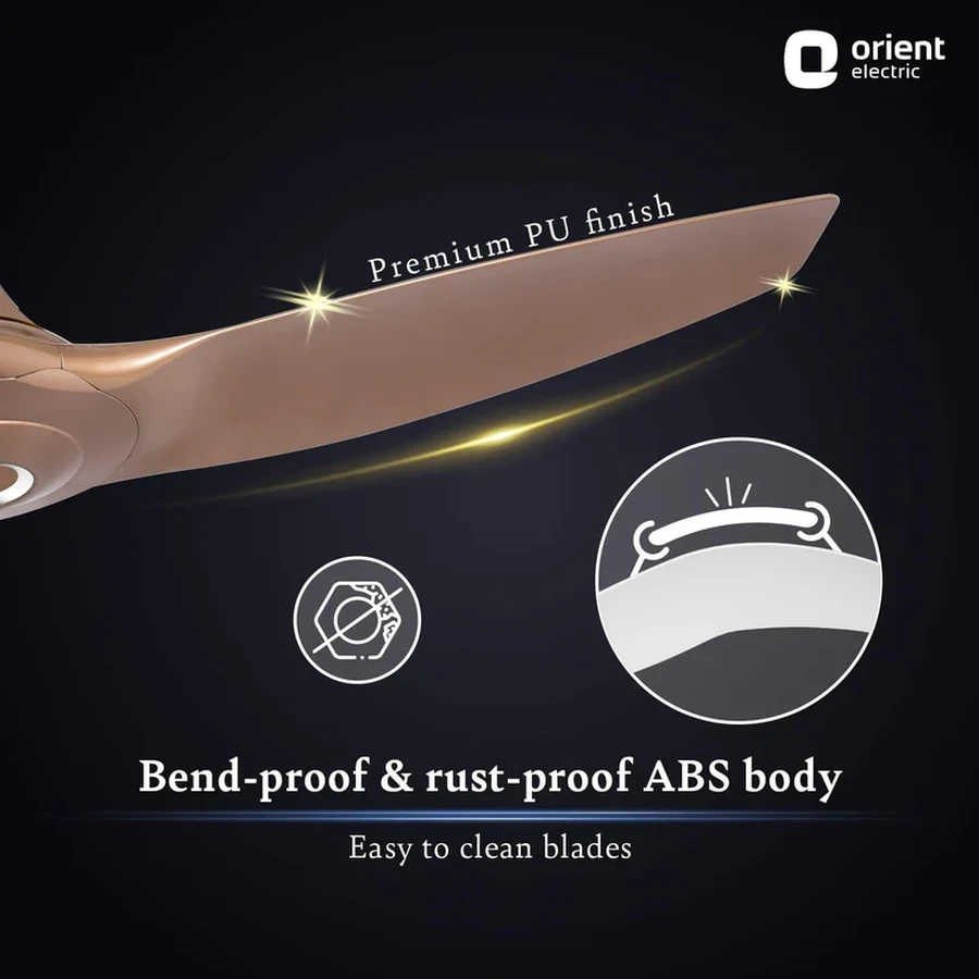 Orient Aeroquiet 1200mm (1230mm) Ultra-Quiet High-Airflow Ceiling Fan | 240 CMM Air Delivery Aerodynamic 3-Blade Modern Ceiling Fan in Caramel Brown & White  | Aeroquiet