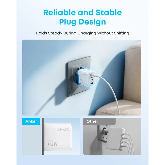 Anker Zolo 70W 4-Port GaN Fast Wall Charger (3x USB-C, 1x USB-A) | PD 3.0 Multi-Device Foldable Power Adapter in Black / White