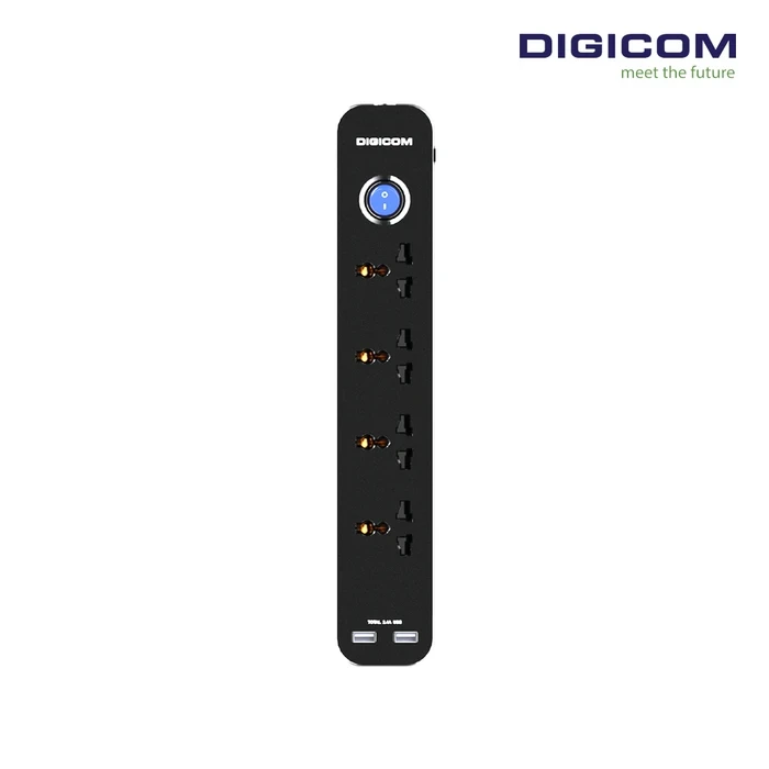 Digicom DG-V42U 4 Port Universal Sockets & 2 USB Ports | 2500W Power Logic | Nanosecond Surge Protection & Flame Retardant | 2 Mtr. Cable