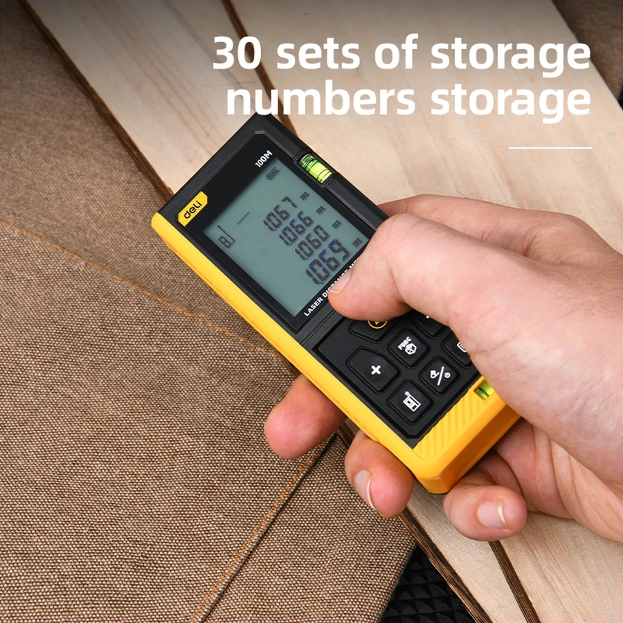 Deli 100M Professional Handheld Laser Distance Meter | Millimeter-Accuracy Rangefinder with 1.7" Screen, Dual Laser Projection & 30-Group Data Storage | EDL4170 Yellow