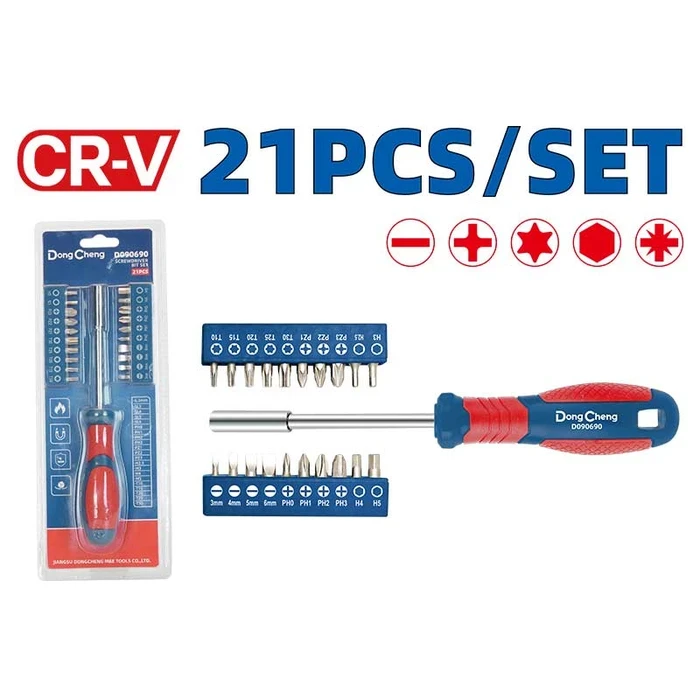 Dongcheng 21-Piece Screwdriver Bit Set (6.35x25mm) | Precision Slotted, Phillips, Pozidriv, Hex & Torx Fastener Bits with Magnetic Bit Holder | DG Series