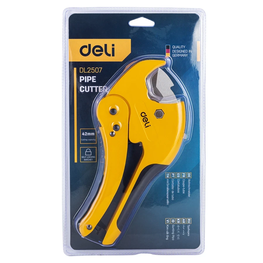 Deli 42mm Professional Ratchet Pipe Cutter | Heavy-Duty 3Cr13 Stainless Steel Rust-Proof Blade PVC/PPR Shears with Aluminum Alloy Body | EDL2507 (Yellow)