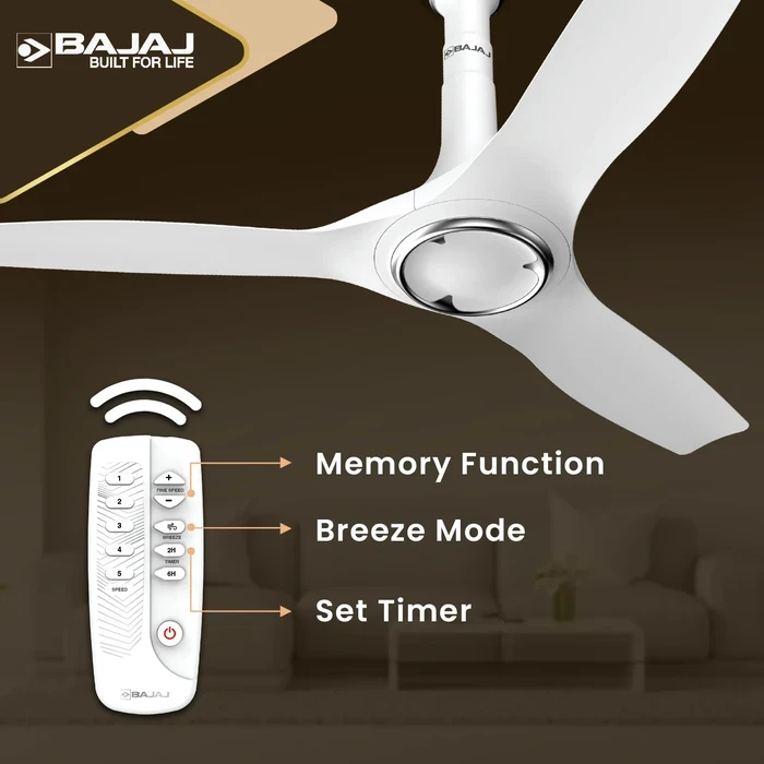 Bajaj Arioso 12DC5R 1200mm (48") 5-Star BLDC Ceiling Fan with Remote | 41W 250 CMM Low-Noise ABS Airfoil Blades - White & Chrome | Model 251720EE