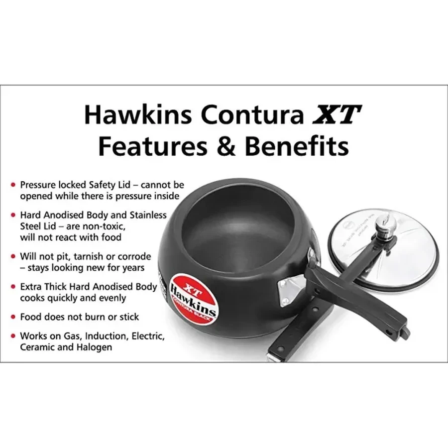Hawkins CXT30 3L Contura Black XT Pressure Cooker | Hard Anodised Extra-Thick Body | Induction Base | Stainless Steel Lid | Black
