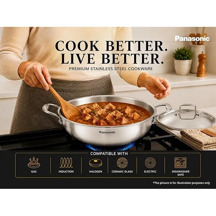 Panasonic Triply Stainless Steel Induction Base Kadai with Stainless Steel Lid (1.5L to 4.8L / 20cm to 30cm) | Fast Uniform Heating Multi-Cooktop Compatible - ND-KA Series