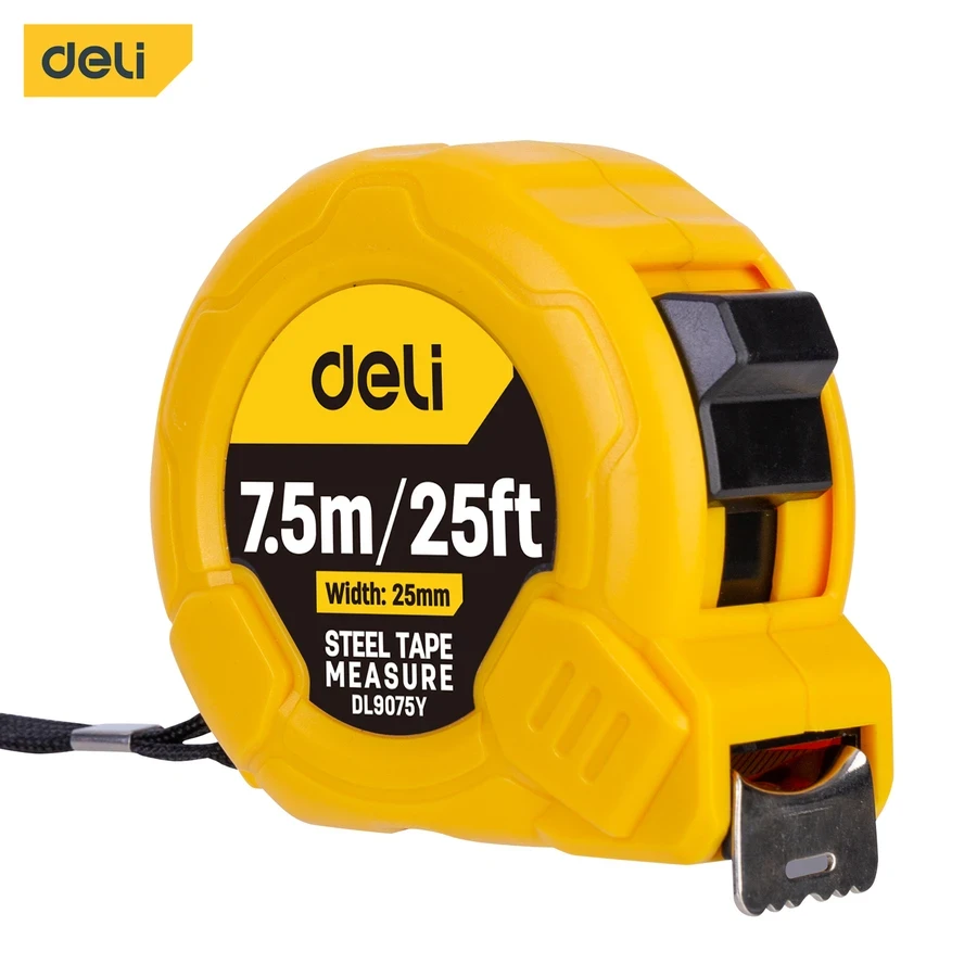 Deli 8m / 26ft x 25mm Professional Steel Measuring Tape | Heavy-Duty Anti-Glare Matte Blade with Mn-Steel Recoil Spring & Zero-Point Hook | EDL9075Y