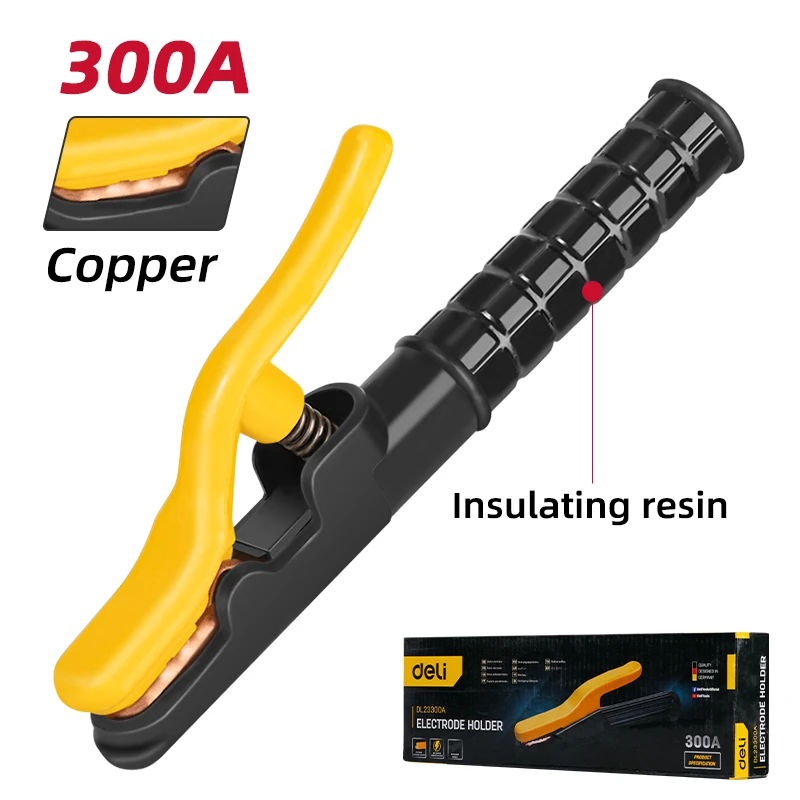 Deli 300A Heavy-Duty Brass Body Electrode Holder | Heat-Resistant DMC Insulated Handle for 35–50mm² Cable & 4.0–6.3mm Electrodes (Yellow) | EDL23300A