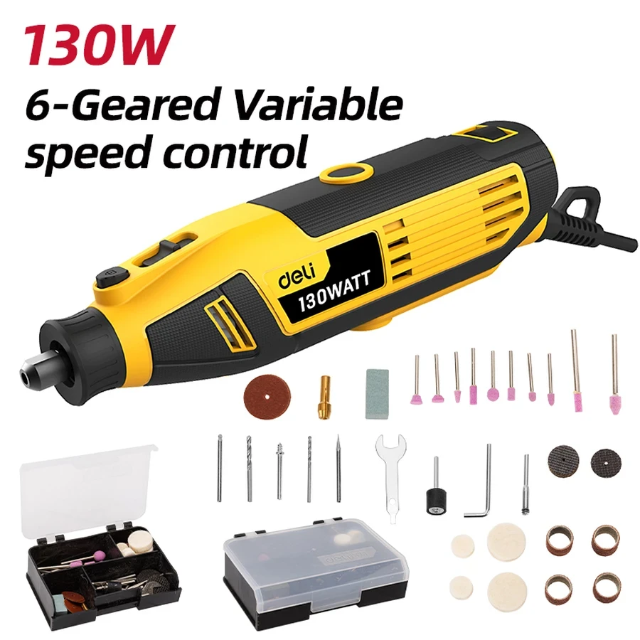 Deli 130W 6-Speed Variable Mini Rotary Grinder (10,000–32,000 RPM) | 3.2mm Collet Chuck with 41-Piece Multi-Craft Accessory Kit & Non-Slip Grip (Yellow) | EDL-DM03-E1