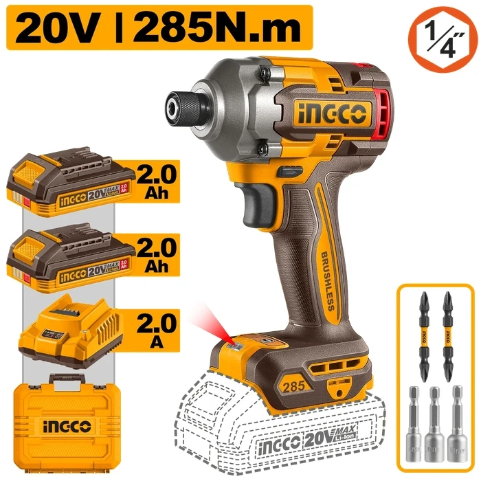 INGCO 20V Brushless Cordless 1/4" Hex Impact Driver Kit (285 Nm Torque, 3-Speed, 2900 BPM) with 2x 2.0Ah Batteries, Charger, Bits & Nut Setters | CIRLI2028