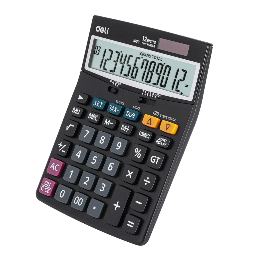 Deli 12-Digit Desktop Calculator | Tax Function (Tax+/Tax-), 120 Steps Check & Correct, Metal Finish (Black) | E1630