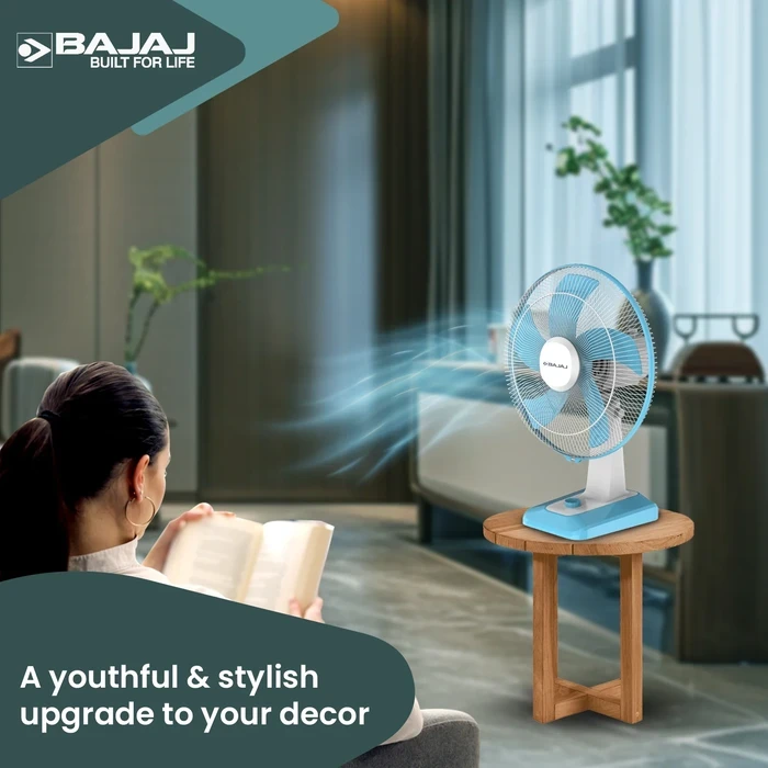 Bajaj Penta Robusto 400MM 5-Blade Pedestal Fan | DuraBreeze 100% Copper Motor 75 CMM SurgeProtekt 4kV Rust-Free Body Icy Blue & White 252111