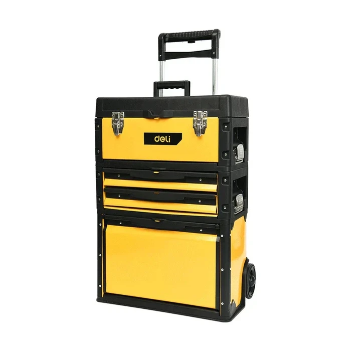 Deli Tools 3-In-1 Rolling Trolley Toolbox | Heavy-Duty Cold-Rolled Steel & ABS Modular Storage Cabinet with Retractable Pull Rod | EDL-TS3C-20