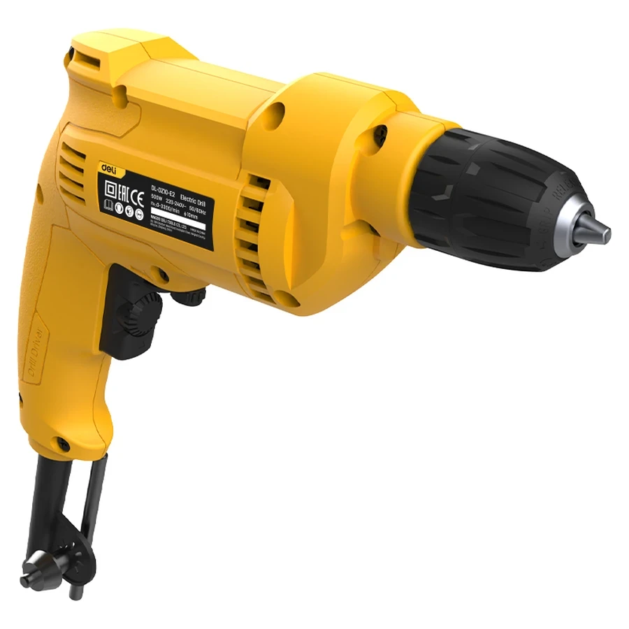 Deli 500W Semi-Pro 10mm Keyless Chuck Electric Drill | 0–3300 RPM Variable Speed Pure Copper Motor Rotary Drill with Forward/Reverse & Switch Lock (Yellow) | EDL-DZ10-E2