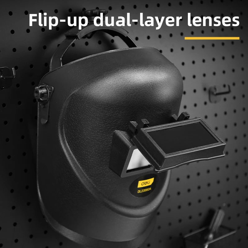 Deli Professional Helmet Type Head-Wearing Welding Mask | High-Strength PP Shell with Flip-Front Tempered Glass Lens & Adjustable Ratchet Headgear (Black) | EDL23950A