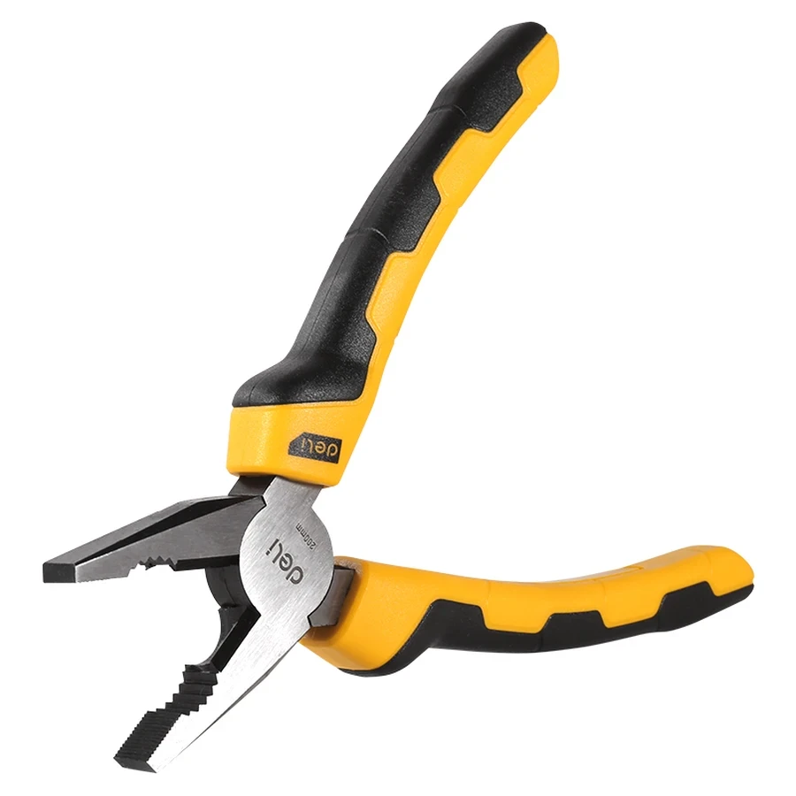 Deli 8" Professional Forged 55# Carbon Steel Combination Pliers | Heavy-Duty 54-62 HRC Cutting Edge Lineman's Pliers with Dual-Color PVC Grip | EDL2008 (Yellow/Black)